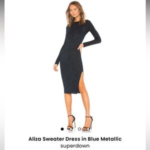 Revolve Superdown Aliza Sweater Dress in Blue Metallic - Winter Office Party
